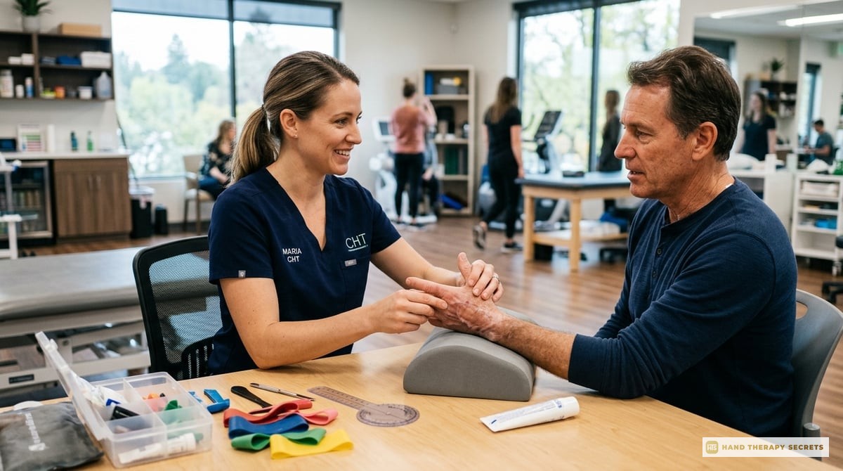An image of a professional CHT working on a patient’s hand rehabilitation in a modern therapy clinic, showing therapy tools and