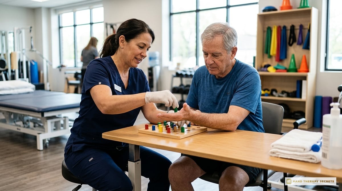 A professional occupational therapist working with a patient in a clinical setting, showcasing hands-on therapy techniques.

Photo-realistic