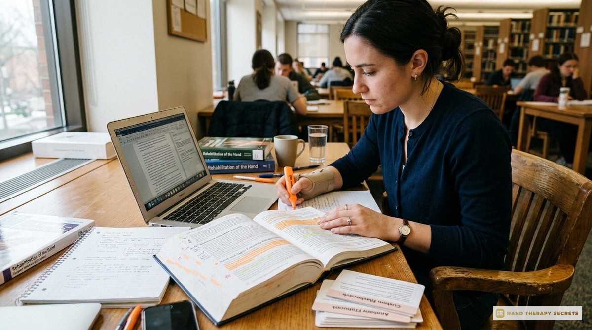 An open book with highlighted notes, a laptop opened on a study table, and study materials focused on hand therapy and the CHT exam, conveying a