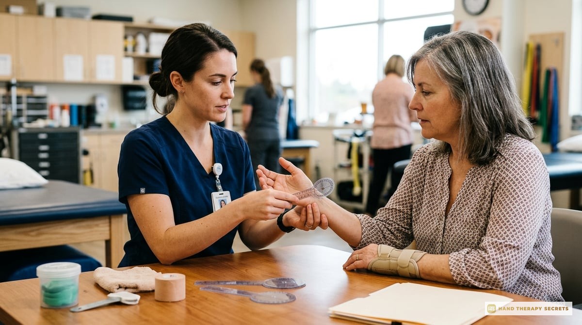 An image showing a therapist conducting a range of motion assessment on a patient's hand, highlighting key therapeutic techniques and