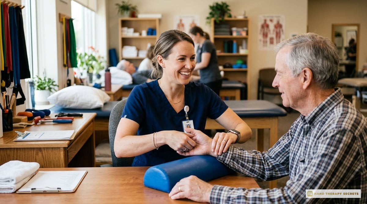 A confident occupational therapist smiling while working with a patient in a therapy setting, showcasing hand therapy techniques.

Photo-realistic