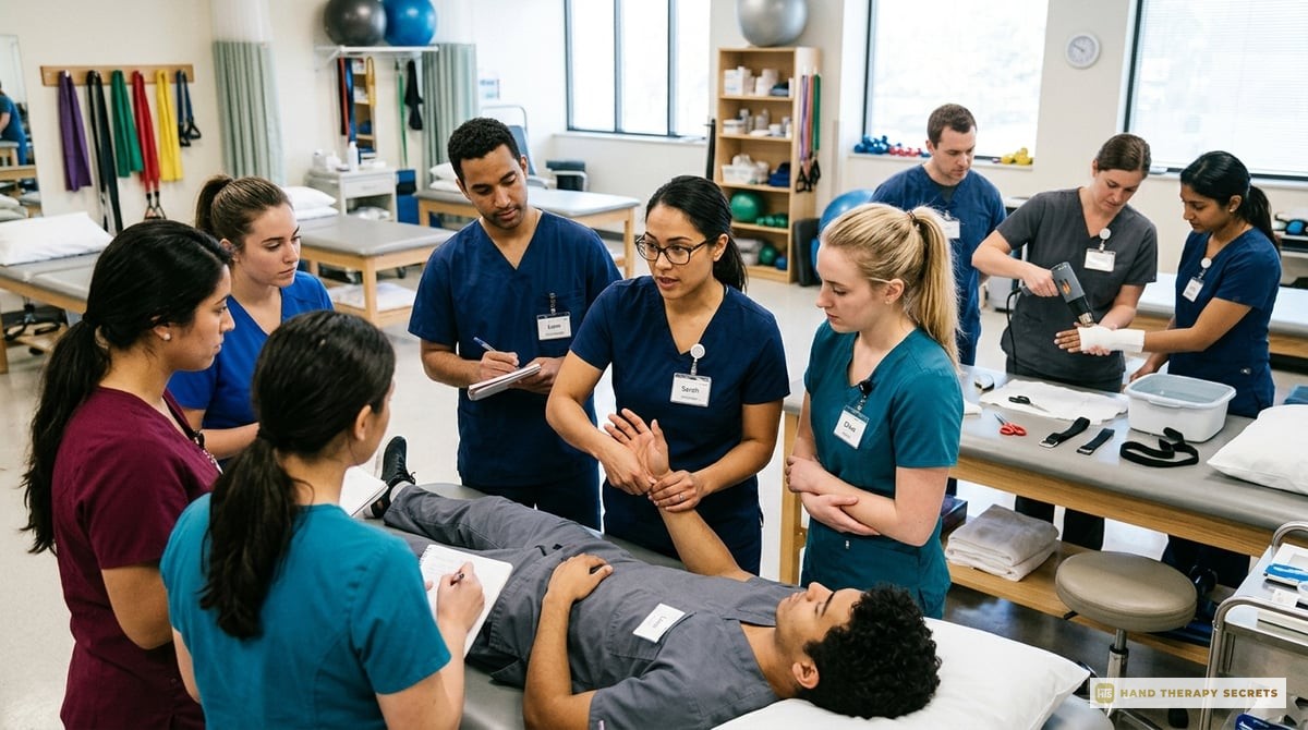 A group of occupational and physical therapists engaging in hands-on training, learning splinting techniques or manual therapy