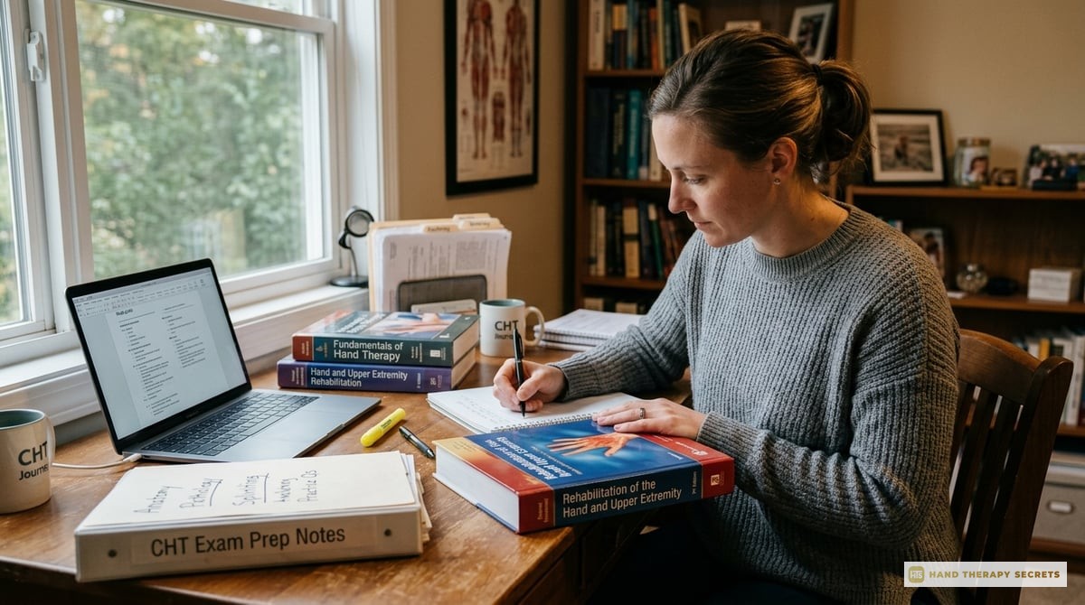 An organized study space featuring textbooks, a laptop, and CHT exam materials—representing thorough preparation for clinicians.

Photo-realistic