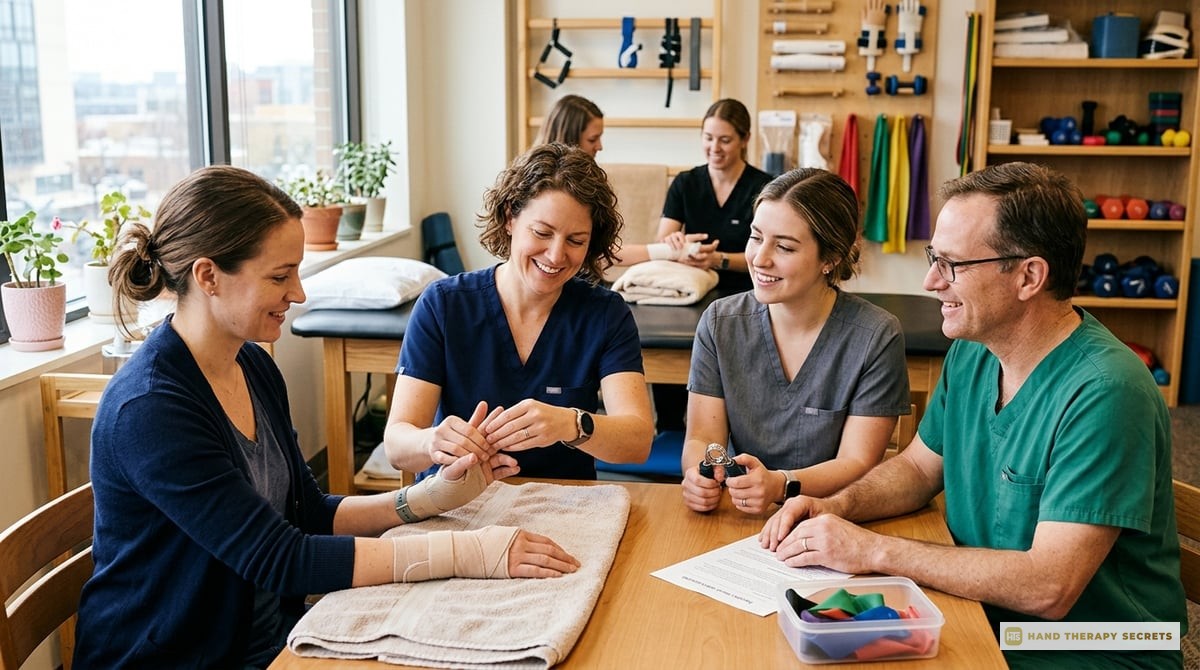 A bright and inviting photo of therapists working together in a hand therapy setting, showcasing interaction and care.

Photo-realistic