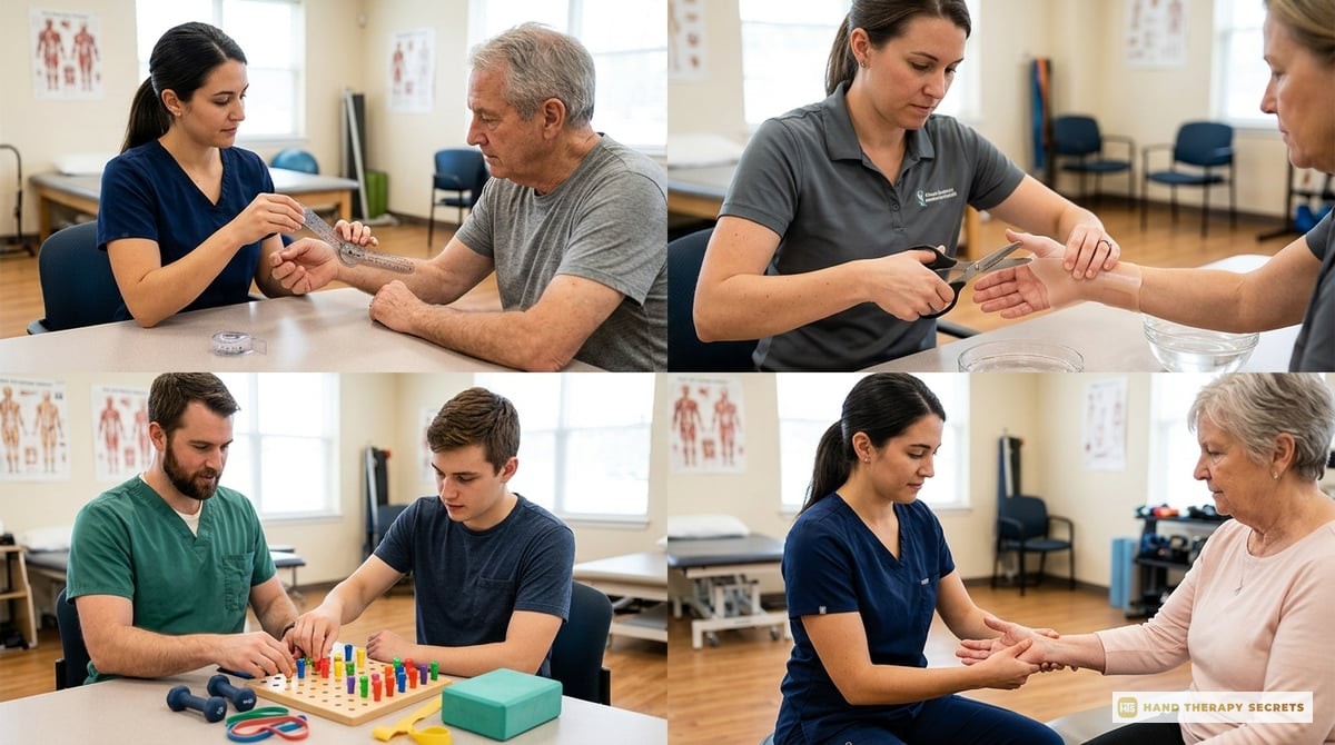 A collage of images showing various hand therapy techniques in action, including splinting, exercises, and patient assessment.

Photo-realistic