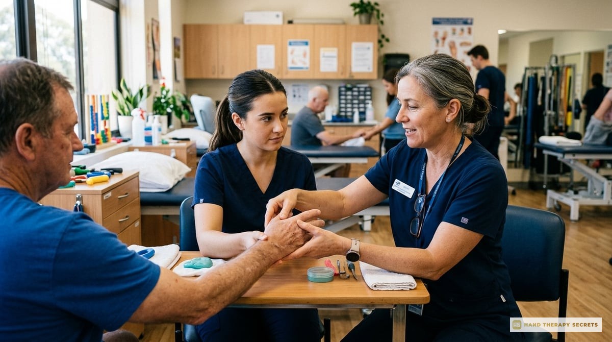 An image of a mentor and mentee working together in a clinical setting, with the mentor providing guidance on treatment techniques for hand