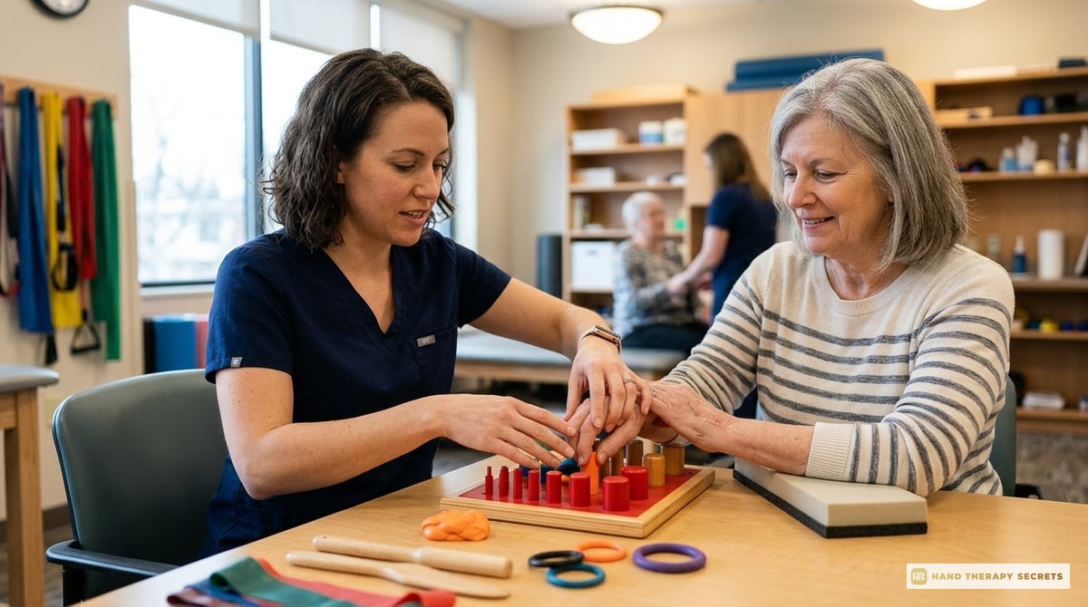 A photo of a therapist working with a patient on hand exercises in a rehabilitation setting, showcasing effective hand therapy