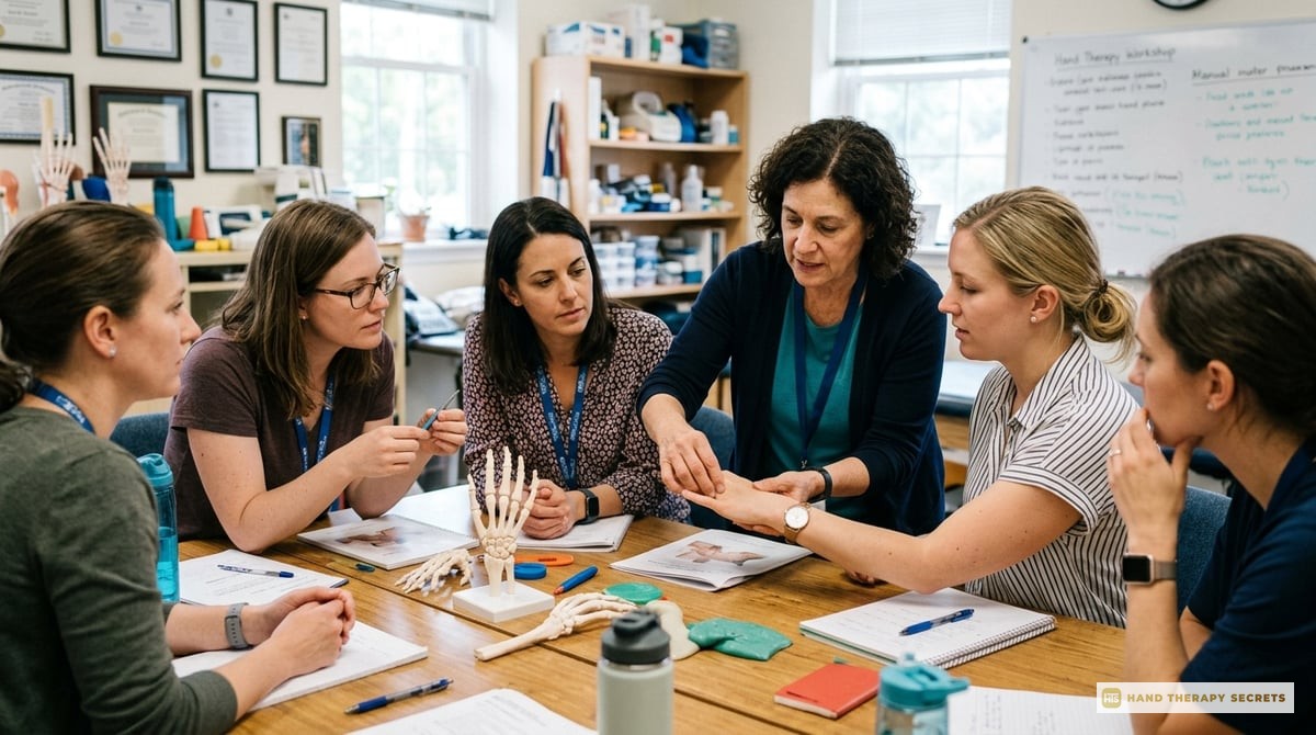 An image featuring a group of therapists engaged in a workshop or study session focused on hand therapy techniques.

Photo-realistic
