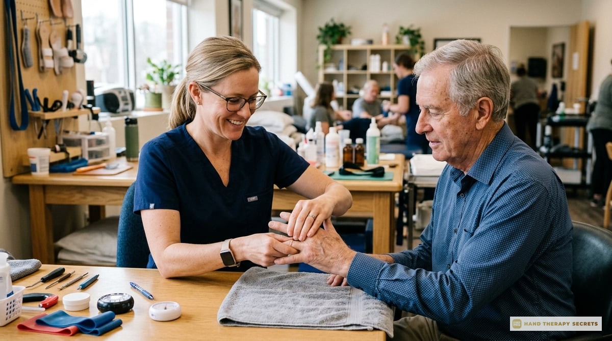 A photo of a certified hand therapist interacting with a patient, performing a specialized hand therapy procedure.

Photo-realistic