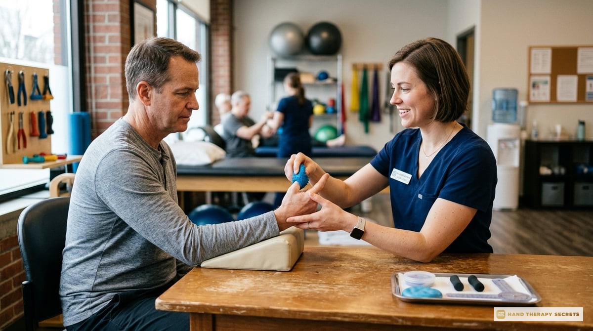 A professional healthcare setting featuring a physical therapist engaging with a patient, demonstrating hand therapy techniques.

Photo-realistic