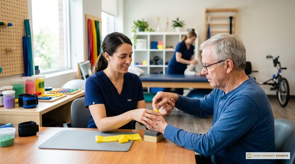 A professional therapist assisting a patient with hand rehabilitation exercises in a bright, well-equipped therapy room.

Photo-realistic