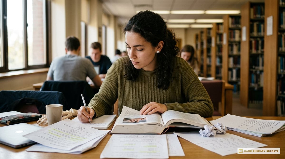 A focused individual studying with a textbook on hand therapy and practice questions scattered around.

Photo-realistic, editorial-quality