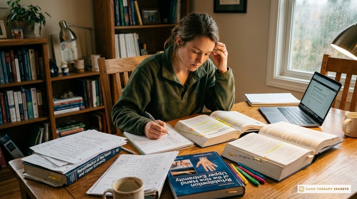 A motivating image of a therapist studying for the CHT exam, surrounded by textbooks and notes.

Photo-realistic, editorial-quality photograph