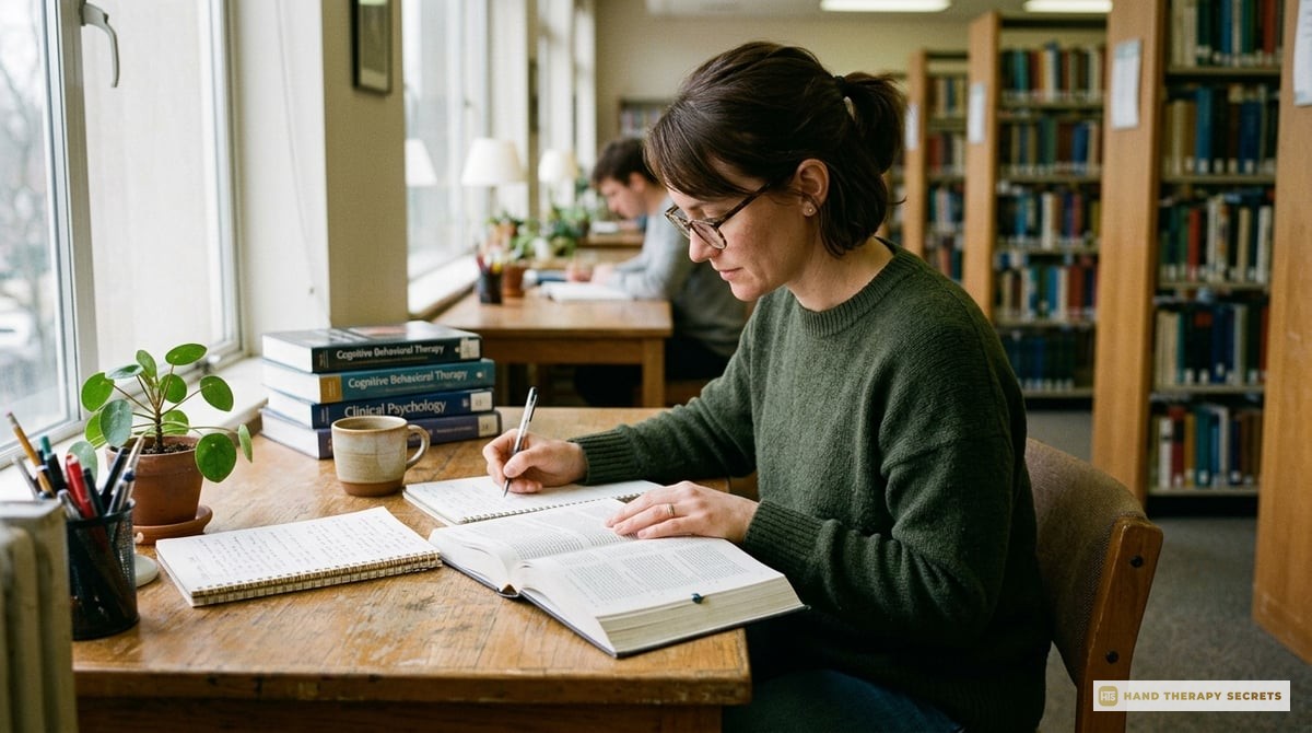 A calm study environment showing a therapist reviewing a textbook and taking notes, emphasizing self-care during exam preparation.

Photo-realistic