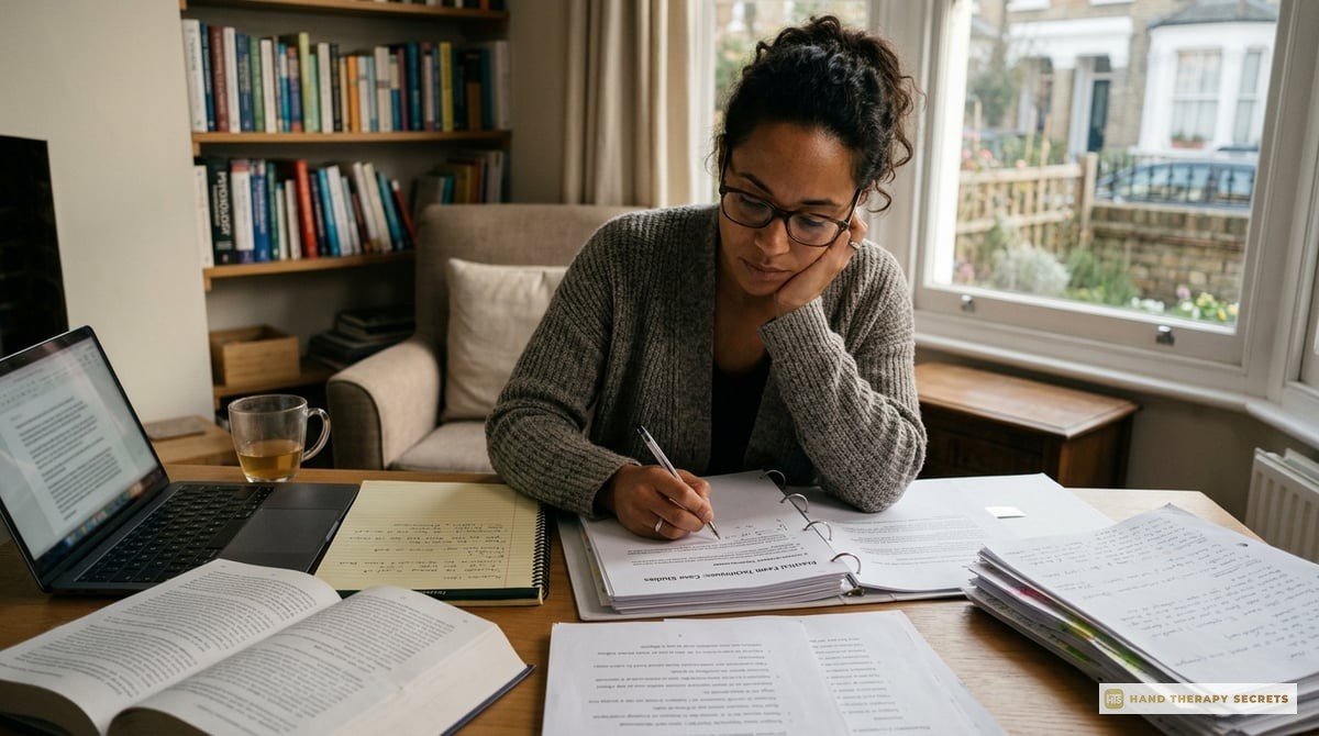 A focused therapist immersed in study material, reviewing practical exam techniques and clinical notes.

Photo-realistic, editorial-quality