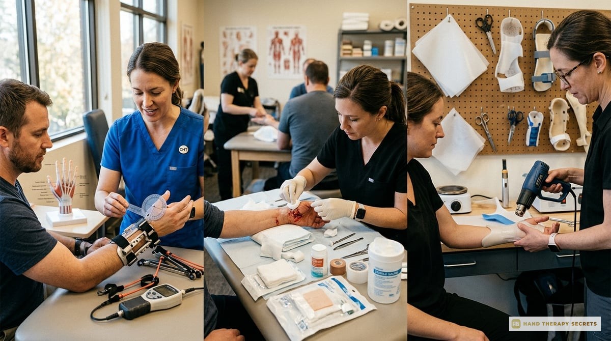 An infographic detailing key topics on the CHT exam, visually depicting subjects like biomechanics, wound management, and orthotic