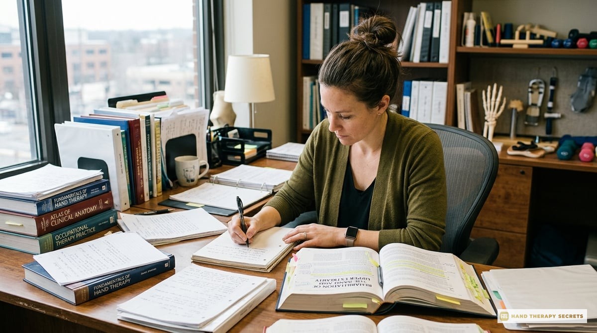 A focused, professional therapist studying for the CHT exam, surrounded by clinical books and notes.

Photo-realistic, editorial-quality photograph