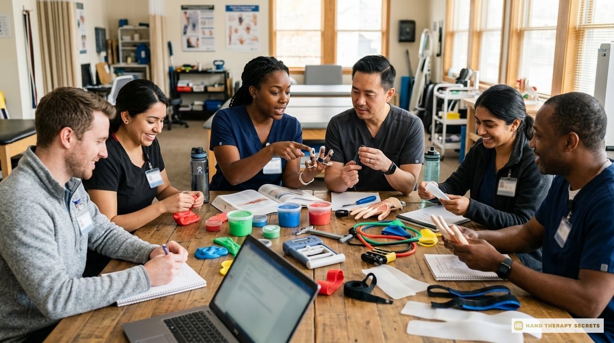 A vibrant image showing a diverse group of therapists studying together with hand therapy materials.

Photo-realistic, editorial-quality photograph