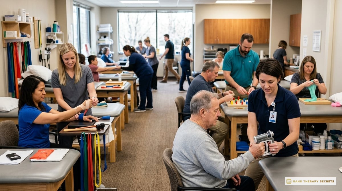 An image depicting a busy hand therapy clinic, with therapists engaged in various evaluation and treatment activities.

Photo-realistic