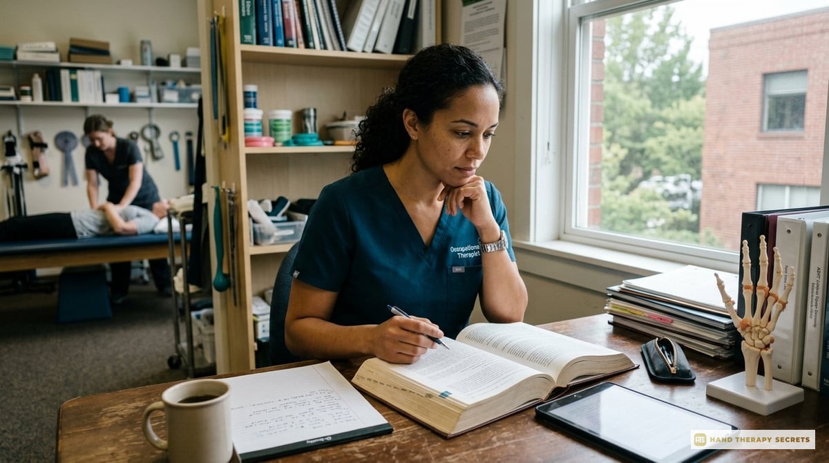 A photo of a thoughtful occupational therapist reviewing study materials for the Certified Hand Therapist exam.

Photo-realistic, editorial-quality