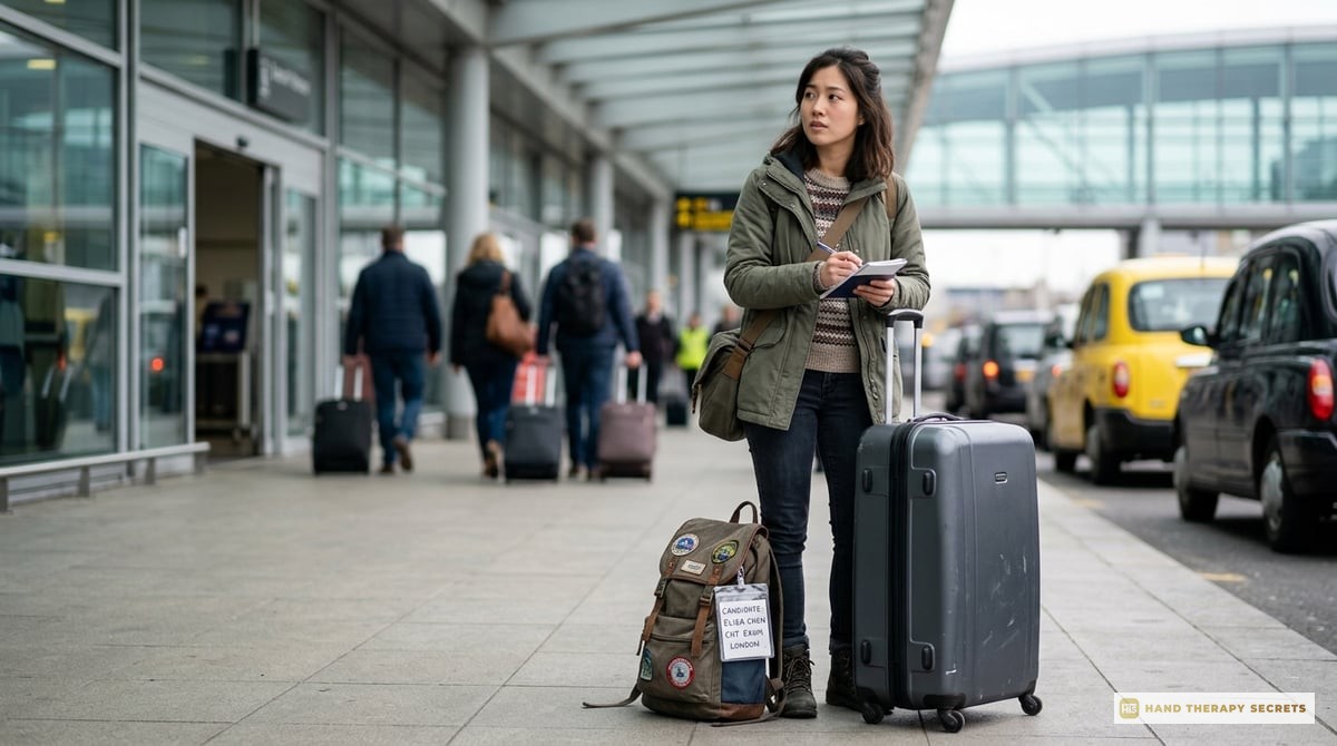 A traveler with luggage beside an airport, preparing to travel for the CHT exam.

Photo-realistic, editorial-quality photograph. Natural lighting