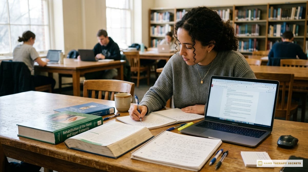 A collection of study materials for the CHT exam, including books, computers, and notes on a table.

Photo-realistic, editorial-quality photograph