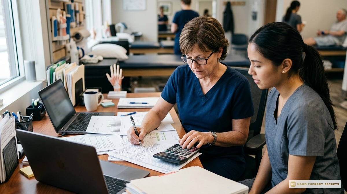 An image of a hand therapist reviewing exam materials with focus on financial aspects, such as a calculator or budget sheet.

Photo-realistic
