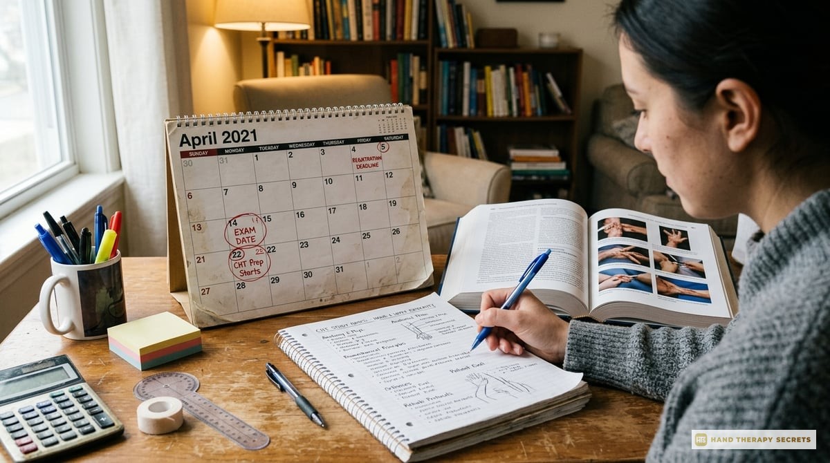 A calendar showing important exam registration dates highlighted, along with a notebook and study materials for the CHT exam.

Photo-realistic