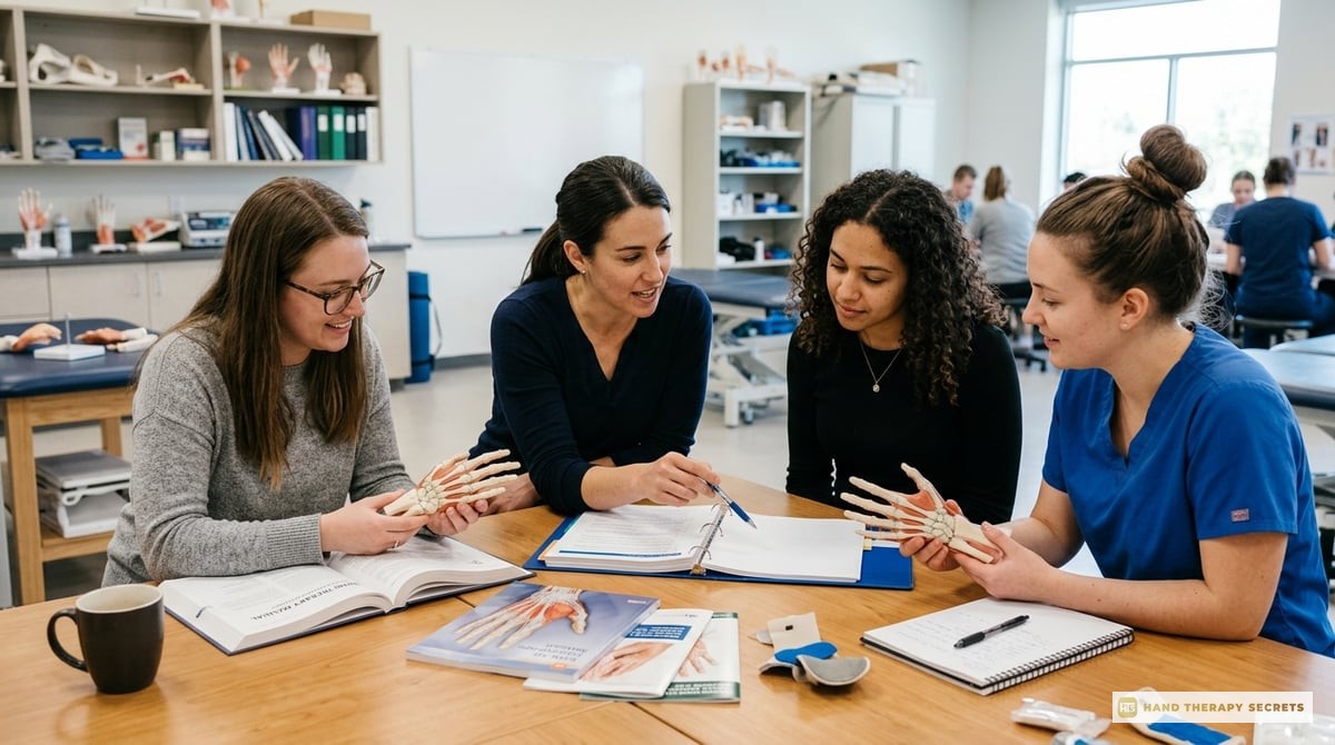 An image of a study group in a clinical training setting, reviewing hand therapy materials and resources.

Photo-realistic, editorial-quality