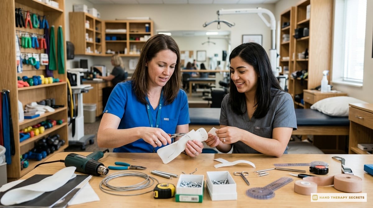 A background image showing occupational therapists working together in a clinical setting, surrounded by hand therapy tools.

Photo-realistic