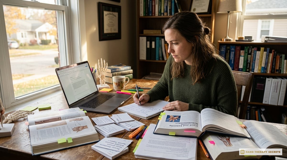 A focused therapist studying for the CHT exam with books and a laptop, surrounded by notes and flashcards.

Photo-realistic, editorial-quality