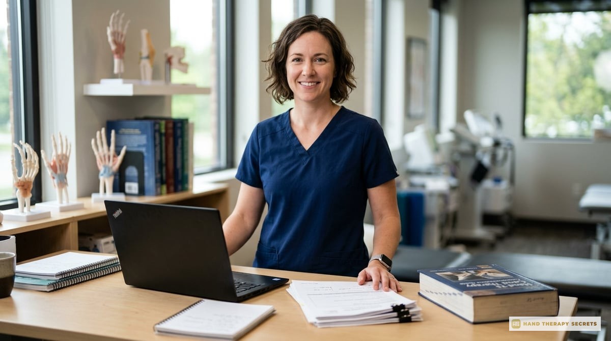 A confident hand therapist standing at a desk with CHT exam registration papers, computer, and study materials.

Photo-realistic, editorial-quality