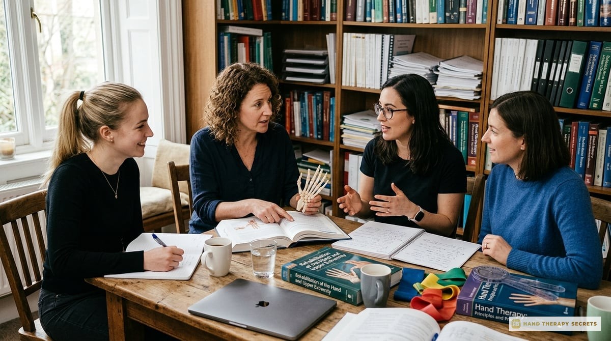 An engaging study group of therapists discussing hand therapy topics, filled with books and notes around them.

Photo-realistic, editorial-quality