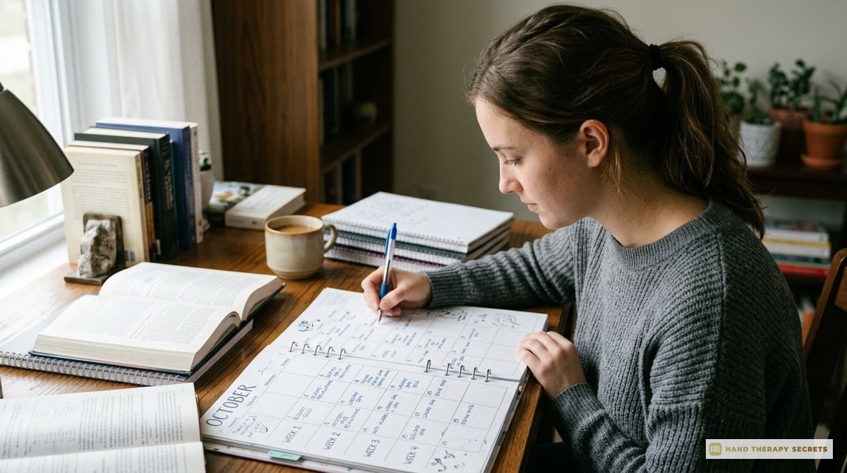 A neatly organized study schedule on a planner or whiteboard, showing different topics over the weeks.

Photo-realistic, editorial-quality