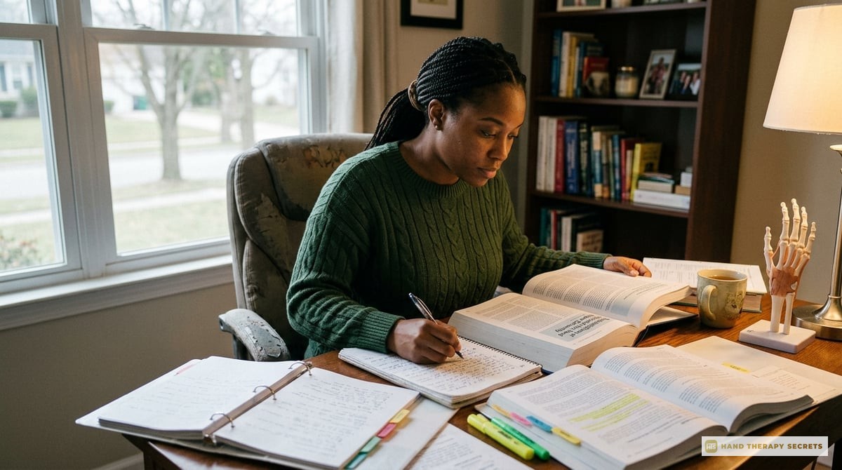 A focused occupational therapist studying for the CHT exam at a desk, with textbooks and notes spread out.

Photo-realistic, editorial-quality