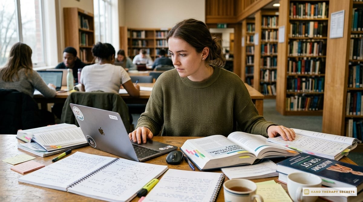 An inspirational image showing an occupational therapy student studying diligently with a laptop and textbooks open, surrounded by study