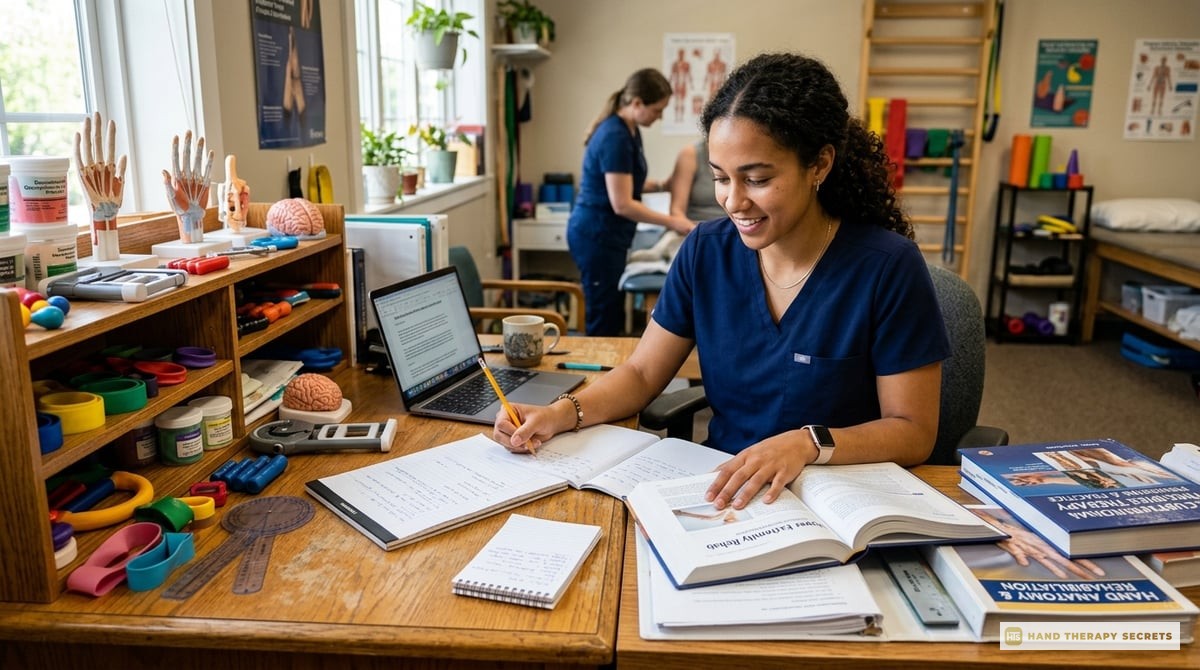 A dynamic, inspiring image of a confident occupational therapist studying at a desk filled with study materials and hand therapy