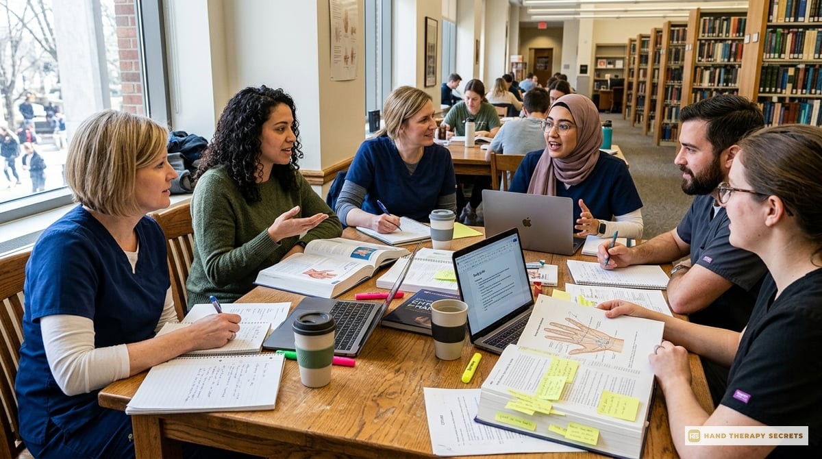 A vibrant photograph of a group study session among therapists preparing for the CHT exam, with notes, laptops, and collaborative