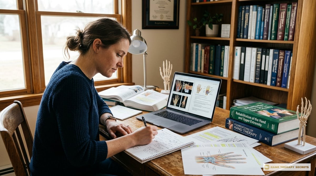 A detailed image of an occupational therapist studying in a well-organized space, with textbooks, notes, and a laptop open, signifying focused study