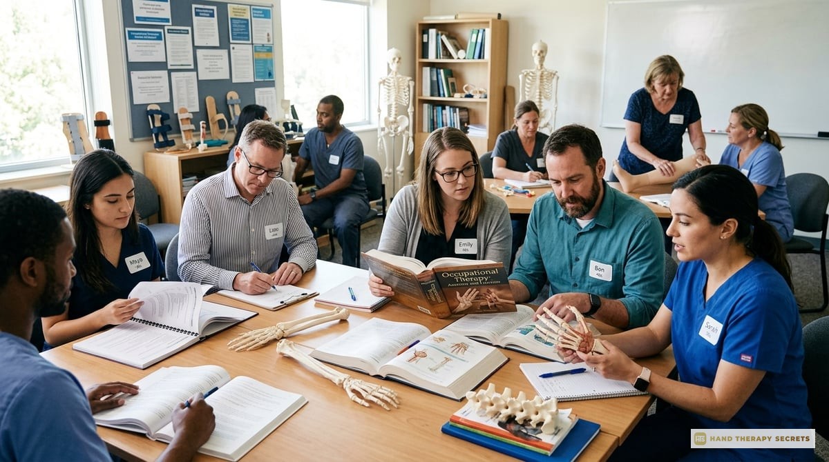 A professional setting with a group of occupational therapists in a classroom, engaged in learning with textbooks and clinical