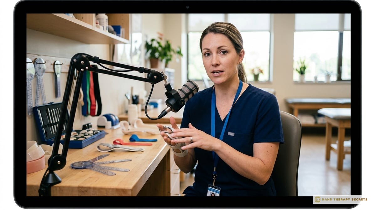 A screenshot of an engaging online course interface displaying a video lecture on hand therapy principles and practices.

Photo-realistic