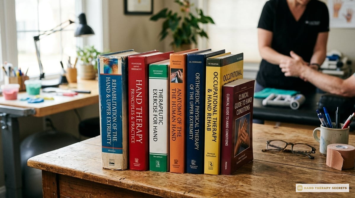 A set of books relevant to hand therapy studies neatly arranged on a table, showcasing their colorful covers and variety.

Photo-realistic