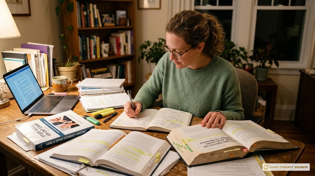 An inspiring image of a therapist studying with books and notes spread out on a desk, focused on preparing for the CHT exam.

Photo-realistic