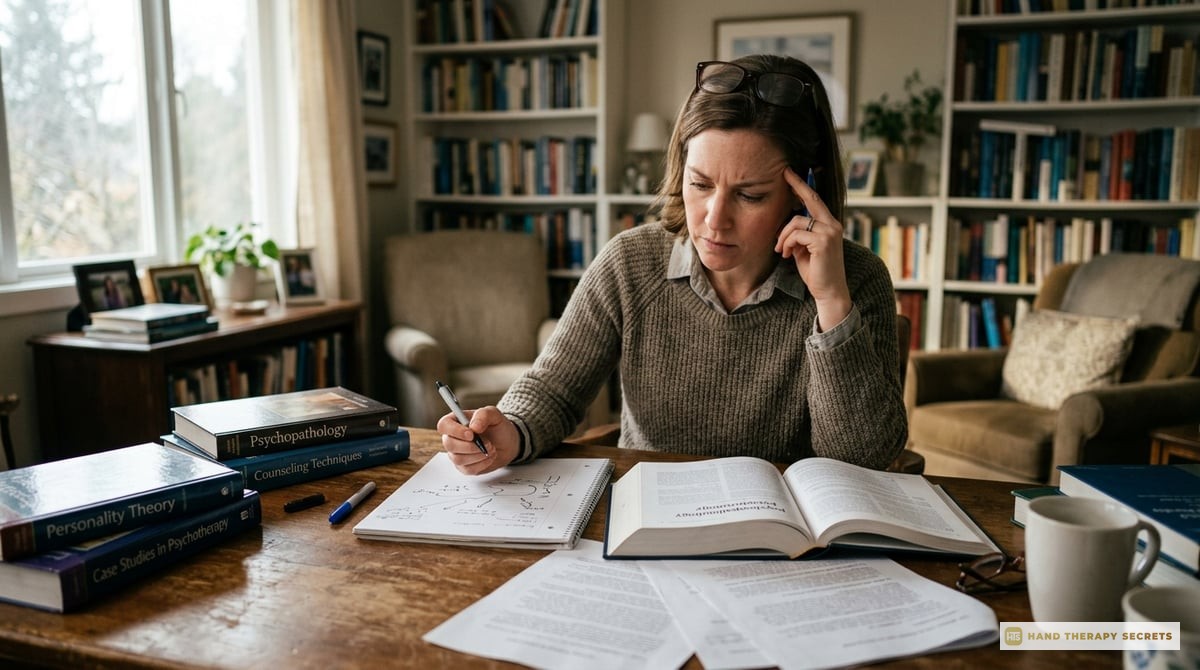 An illustration showing a therapist in a focused study environment, brainstorming and reviewing study materials.

Photo-realistic, editorial-quality