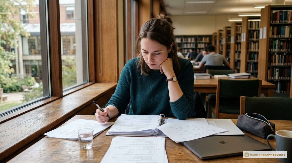 A focused occupational therapist reviewing practice questions in a quiet study space.

Photo-realistic, editorial-quality photograph. Natural