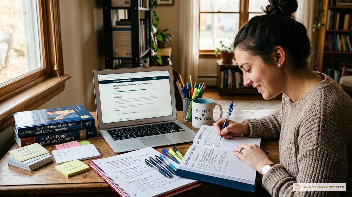 A detailed study planner with pens, notes, and a computer showing a study program for the CHT exam.

Photo-realistic, editorial-quality photograph