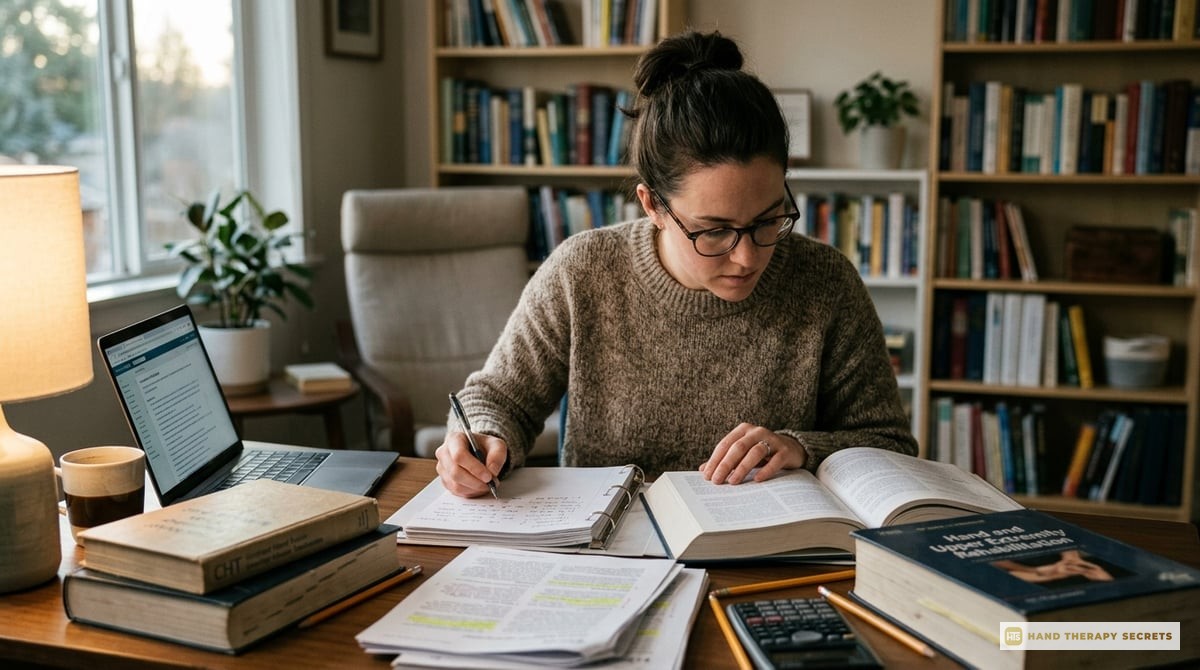 A focused therapist studying for the CHT exam in a quiet space, surrounded by study materials.

Photo-realistic, editorial-quality photograph
