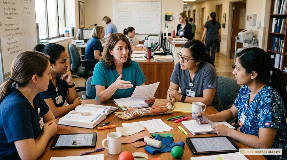 An occupational therapist engaged in group study, discussing hand therapy topics with peers.

Photo-realistic, editorial-quality photograph. Natural