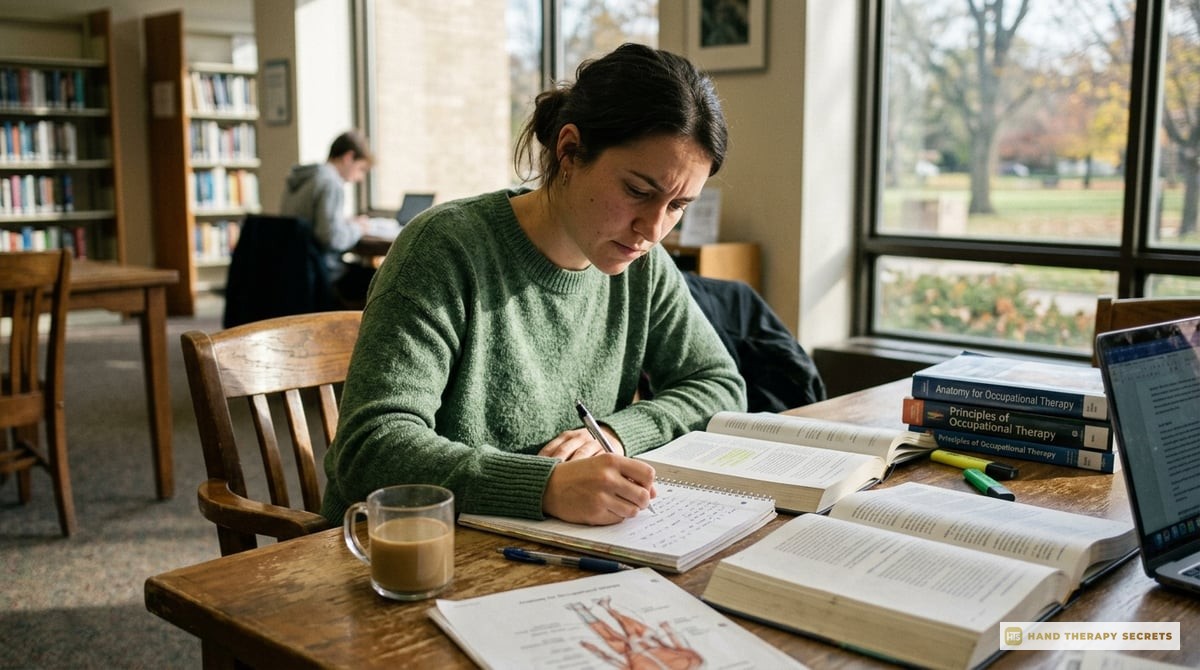 A determined occupational therapist studying with books and notes spread around, focused and writing.

Photo-realistic, editorial-quality photograph