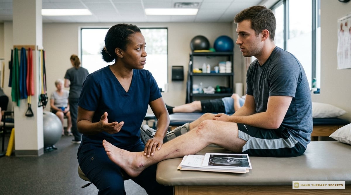 A therapist examining a patient with a complex injury; their collaborative discussion highlights problem-solving in clinical
